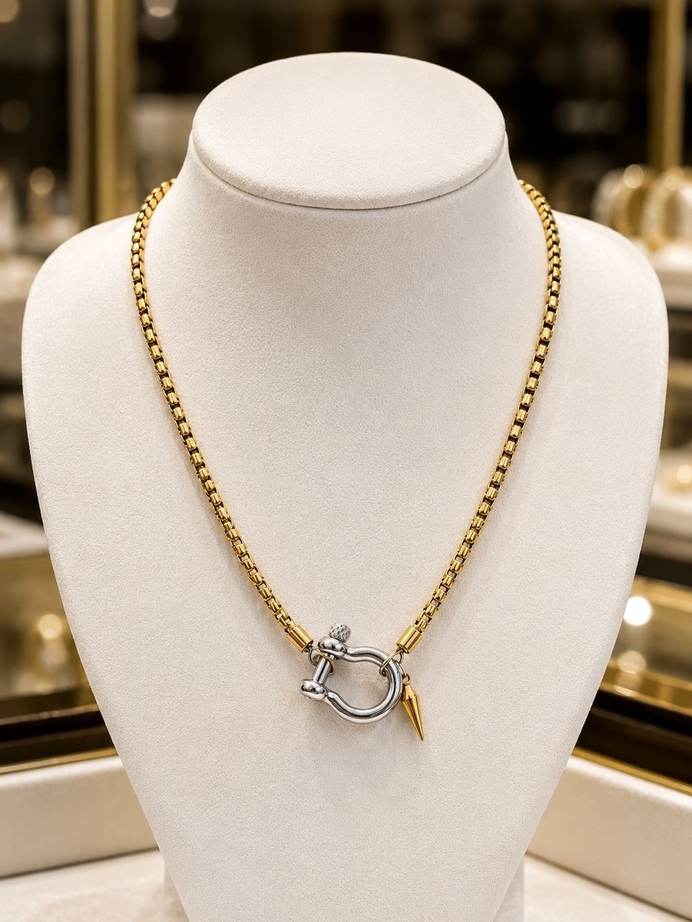 Stainless Steel Gold Chain Necklace with Silver Clasp and Gold Spike Charm